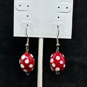 Silver Tone With Red & White Polka Dot Blown Glass Beads Pierced Earrings (3648)